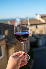 Wine tour with tasting of red dry wine and view on roofs of medieval houses in Châteauneuf-du-Pape ancient wine making village in France