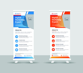 Obraz premium Business Roll up banner stand template design, modern portable stands corporate roll-up banner layout, pull up, vector illustration, business flyer, brochure, Corporate banner