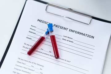Blood test, blood samples on a laboratory form