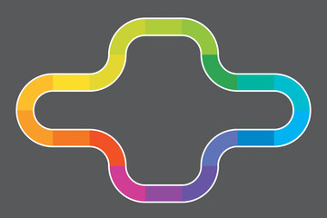Multi-colored rainbow path design similar to game board.
Vector illustration of connected path on grey background, perfect for infographics.