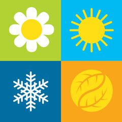 Four seasons vector symbols.
Set of four vector icons on colorful backgrounds representing each of the four seasons, spring, summer, autumn, winter.