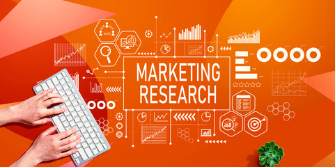 Marketing Research theme with person using computer keyboard