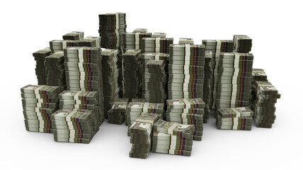 Big stack of 200 Aruban florin notes. A lot of money isolated on white background. 3d rendering of bundles of cash