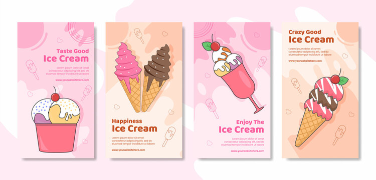 Ice Cream Social Media Stories Template Flat Cartoon Background Vector Illustration