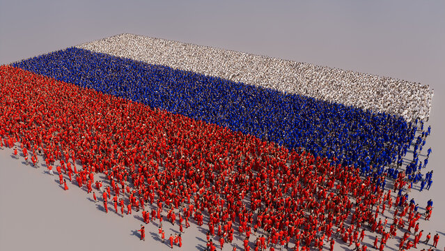 Aerial view of a Crowd of People, congregating to form the Flag of Russia. Russian Banner on White Background.