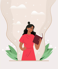 Girl reading book. Love for literature, useful hobbies. Distance learning and education. Self development and search for information. Woman loves poems or stories. Cartoon flat vector illustration
