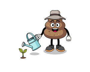 Illustration of poop cartoon watering the plant