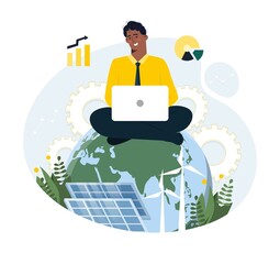 Green economy concept. Man with laptop looking for ways to develop company and production without harm to environment. Responsible business, reducing emissions. Cartoon flat vector illustration