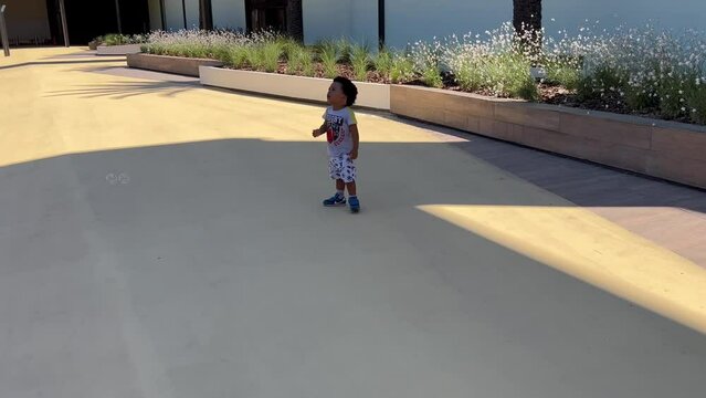 Exotic, adorable and lovely two year old afro european child chasing soap bubbles outdoor in a summer day. 4k 60FPS.