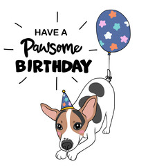 Jack Russell Terrier dog with balloon cartoon, Happy Birthday card vector illustration	