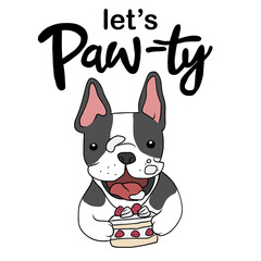 French Bulldog with strawberry cake Let's party cartoon, Happy Birthday card vector illustration	 - 517583908