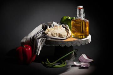 Greek Still Life of Feta Cheese, Bell Peppers, Olive Oil, Garlic Scapes and Red Onion