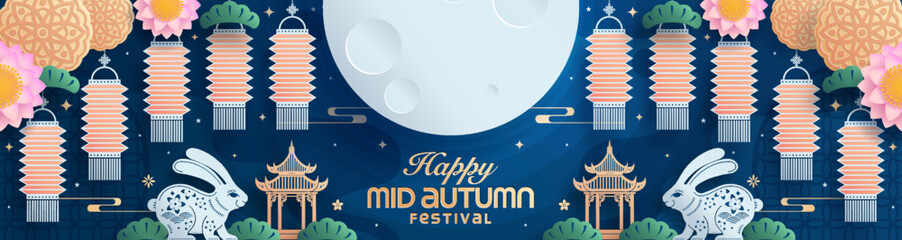 Mid autumn festival paper art style with full moon, moon cake, chinese lantern and rabbits on background.

