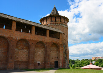 Fragment of the fortress wall of the medieval Kremlin in Kolomna, Russia, , with the inscription...