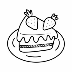 Piece of cake with strawberries on plate. Vector doodle illustration. Festive dessert. Sketch.