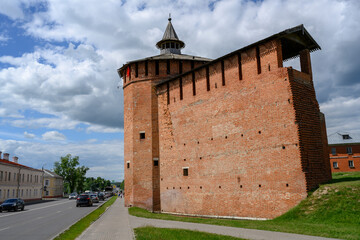 Fototapeta na wymiar Fragment of the fortress wall of the medieval Kremlin in Kolomna, Russia