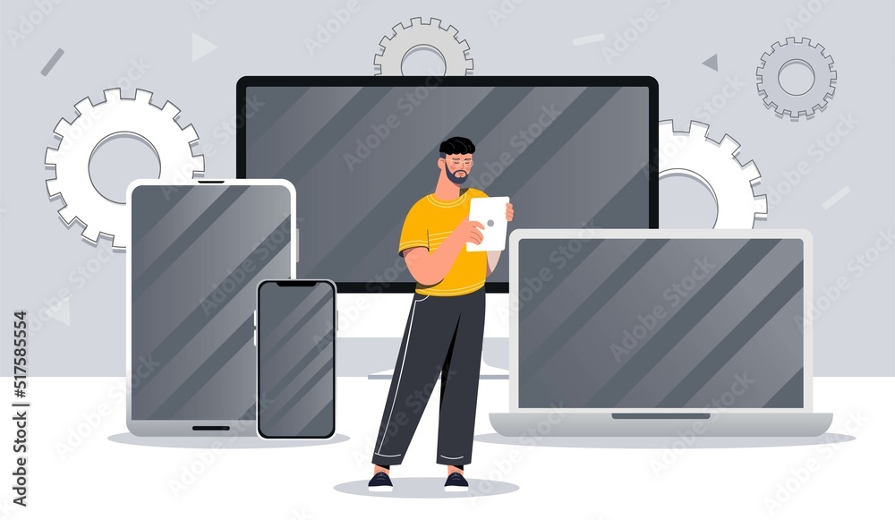 Wall mural multi device concept. man with tablet on background of laptop, computer and other devices. wireless 