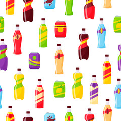 Snack fast food and drinks products seamless pattern. Beverage bottles, soda and juice. Food store elements pattern, cartoon style vector