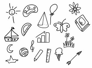 Obraz premium Set of children drawings. Hand drawn set of cute kids doodles. Vector black and white outline.