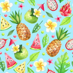 Tropical party seamless, watercolor background in cartoon style. Pineapple, coconut, cocktails, watermelon, tropical flowers and leaves bright, juicy background.Watercolor illustration.