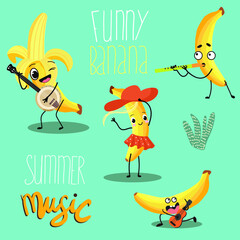 Vector Set of illustrations of funny crazy bananas, cartoon characters, with musical instruments, banana girl in skirt and hat, funny banana lettering, summer music, t-shirt design, kids concept.
