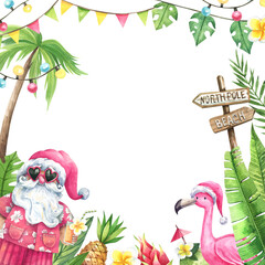 Tropical New Year, Christmas party frame with pink flamingo, Santa Claus and palm trees in cartoon style. Tropical leaves and fruits, bright garlands, New Year characters background 