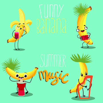 Set of vector illustrations of 5 funny crazy banana, cartoon character, banana on roller skates, with a guitar or ukulele, wearing glasses, with a musical instrument triangle, lettering funny banana.