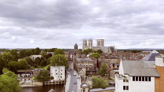 The top view of York, England. Seeing the road through the church, in the middle of the town.