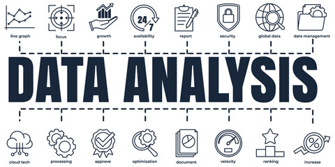 Data analysis banner web icon set. increase, velocity, processing, availability, line graph, and etc vector illustration concept.