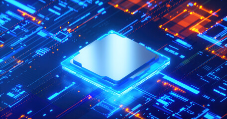 3D rendering of cyberpunk AI. Circuit board. Technology background. Central Computer Processors CPU and GPU concept. Motherboard digital chip. Tech science background.