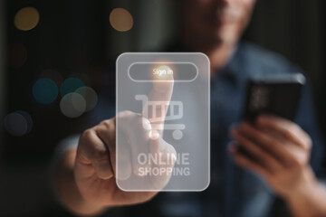 Man with mobile smart phone. Online shopping. Man hands using smartphone and point virtual screen for online shopping, global, marketing, E-commerce, Business concept