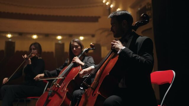 cellists and violinists are playing music on scene of opera house, string instruments orchestra