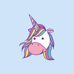 Cute Cartoon Unicorn Head Smiling Vector Illustration Siting with Blue Background