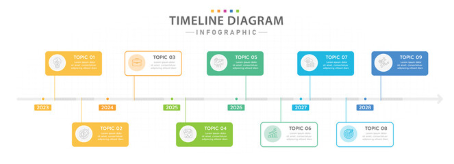 Infographic template for business. 9 Steps Modern Timeline diagram calendar with yearly topics, presentation vector infographic.