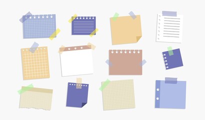 Sticky note set. Collection of pieces of paper strips for notes. Reminder, planning and scheduling. Colorful torn sheets of notebook. Cartoon flat vector illustrations isolated on white background