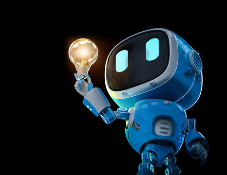 Blue robotic assistant or artificial intelligence robot hold light bulb