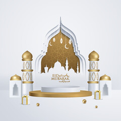 Happy new hijri year islamic template with camel traveller podium, and mosque illustration vector © oktora