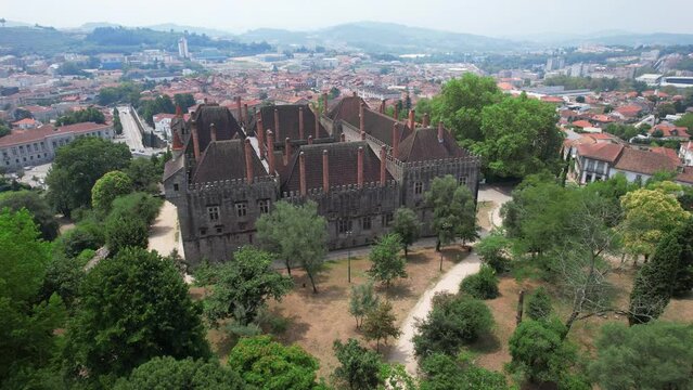 Drone flying over the medieval Palace of the Dukes of Braganza. Guimaraes city in Portugal, North region