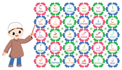 Muslim boy teaching arabic alphabet in flowers frame.