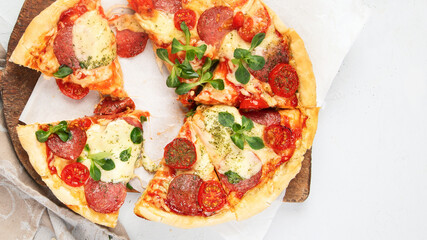 Pepperoni pizza on light background.