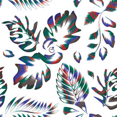 Exotic natural colorful plant leaves seamless pattern with vintage tropical foliage composition on white background. Beach seamless pattern wallpaper. Floral background. Summer design. nature art