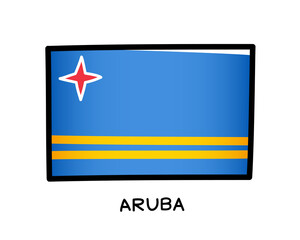 Aruba flag. Colorful Aruba flag logo. Blue and yellow brush strokes, hand drawn. Black outline. Vector illustration