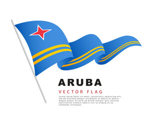 The flag of Aruba hangs on a flagpole and flutters in the wind. Vector illustration isolated on white background.