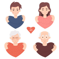 Collection Avatar character of cute people in love. young guy and girl with long hair and couple of elderly people, an old woman and pensioner. Vector illustration. concept Take care of yourself