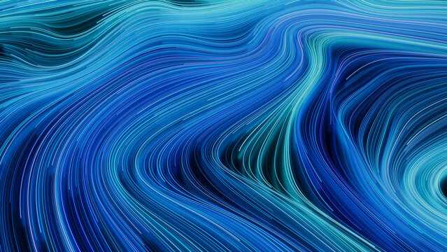 Abstract Neon Lights Background with Blue, Purple and Turquoise Streaks. 3D Render.