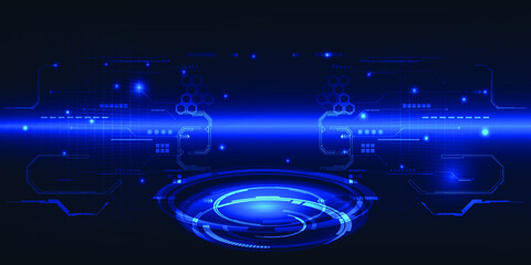 Vector illustration of digital element grid line circuit with hologram pedestal empty stage for advertising and game artwork.Future digital technology and innovation concept.