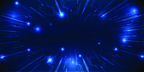 Vector illustration of neon blue futuristic stage layout with huge curves of digital elements grid line circuits  around for showcase advertising and game artworks.