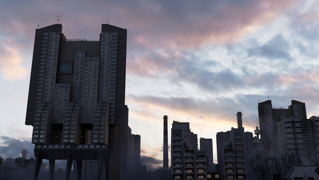 Concrete City Skyline. Soviet Brutalist Buildings against a Dusk Evening Sky.