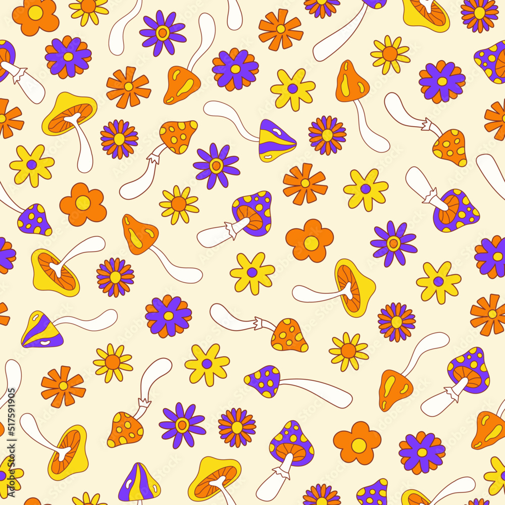 Poster retro groovy seamless pattern with flowers and mushrooms on a light background. vector illustration 