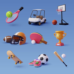 Collection of 3d sport icon collection isolated on blue, Sport and recreation for healthy life style concept - obrazy, fototapety, plakaty